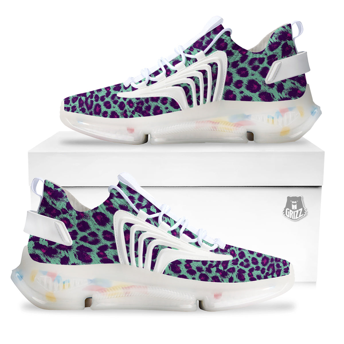 Purple And Blue Neon Leopard Print White Gym Shoes-grizzshop
