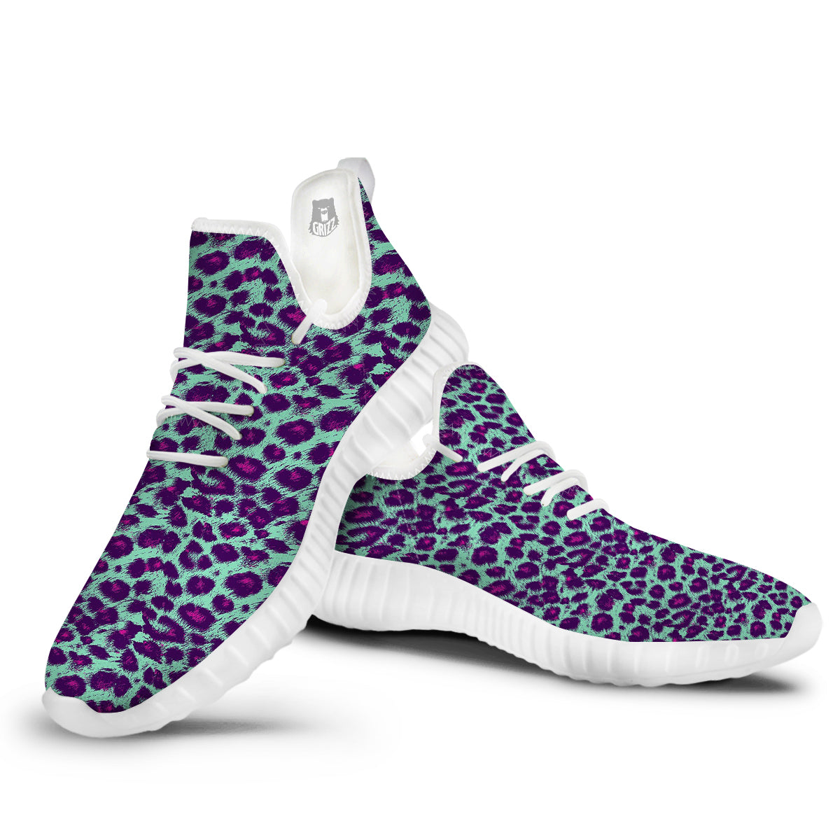 Purple And Blue Neon Leopard Print White Walking Shoes-grizzshop