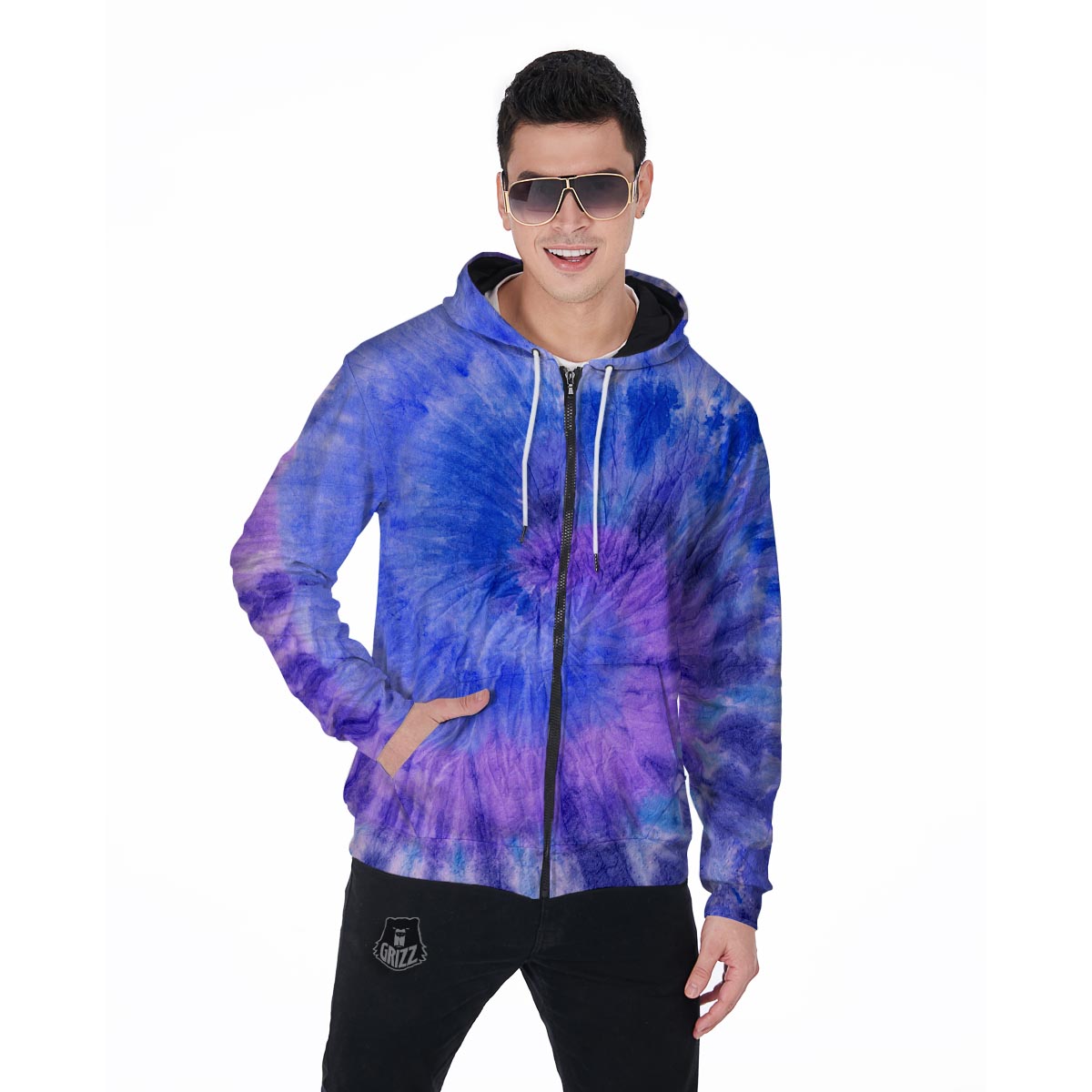 Purple And Blue Tie Dye Men's Zip Up Hoodie-grizzshop