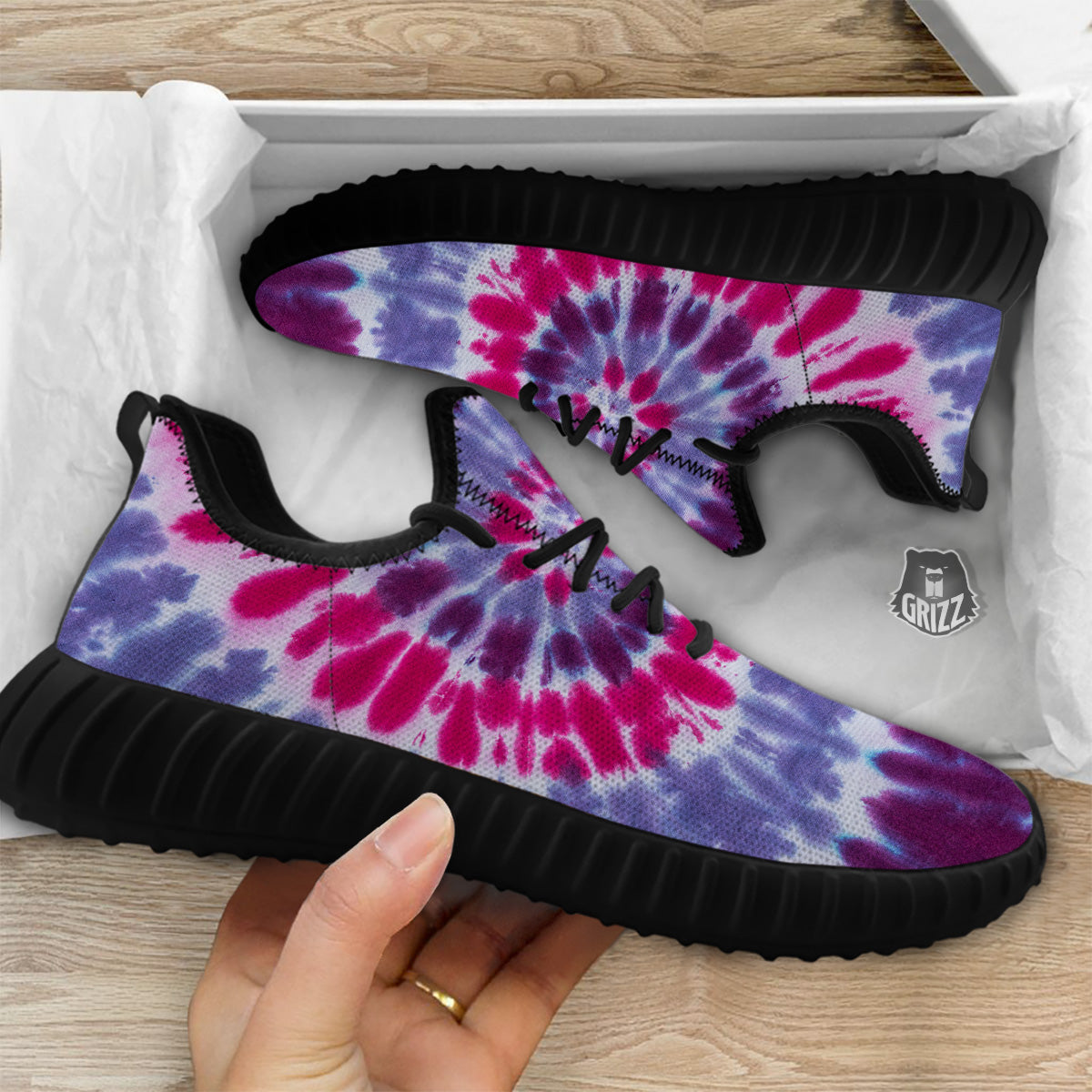 Purple And Blue Tie Dye Spiral Print Black Walking Shoes-grizzshop