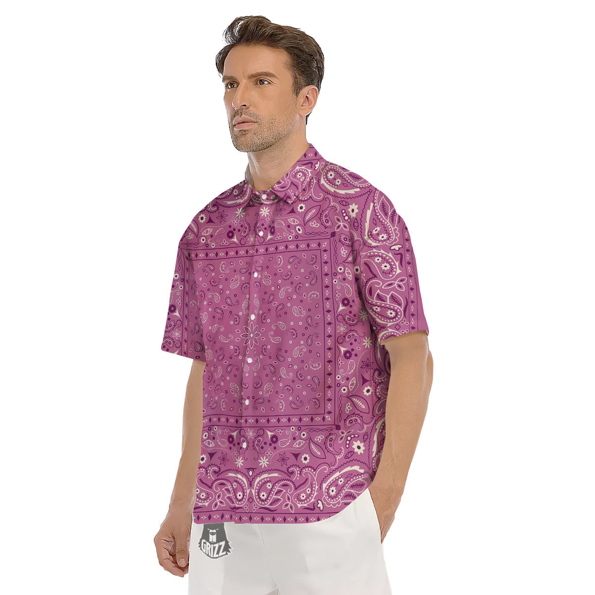 Purple Bandana Print Men's Short Sleeve Shirts-grizzshop