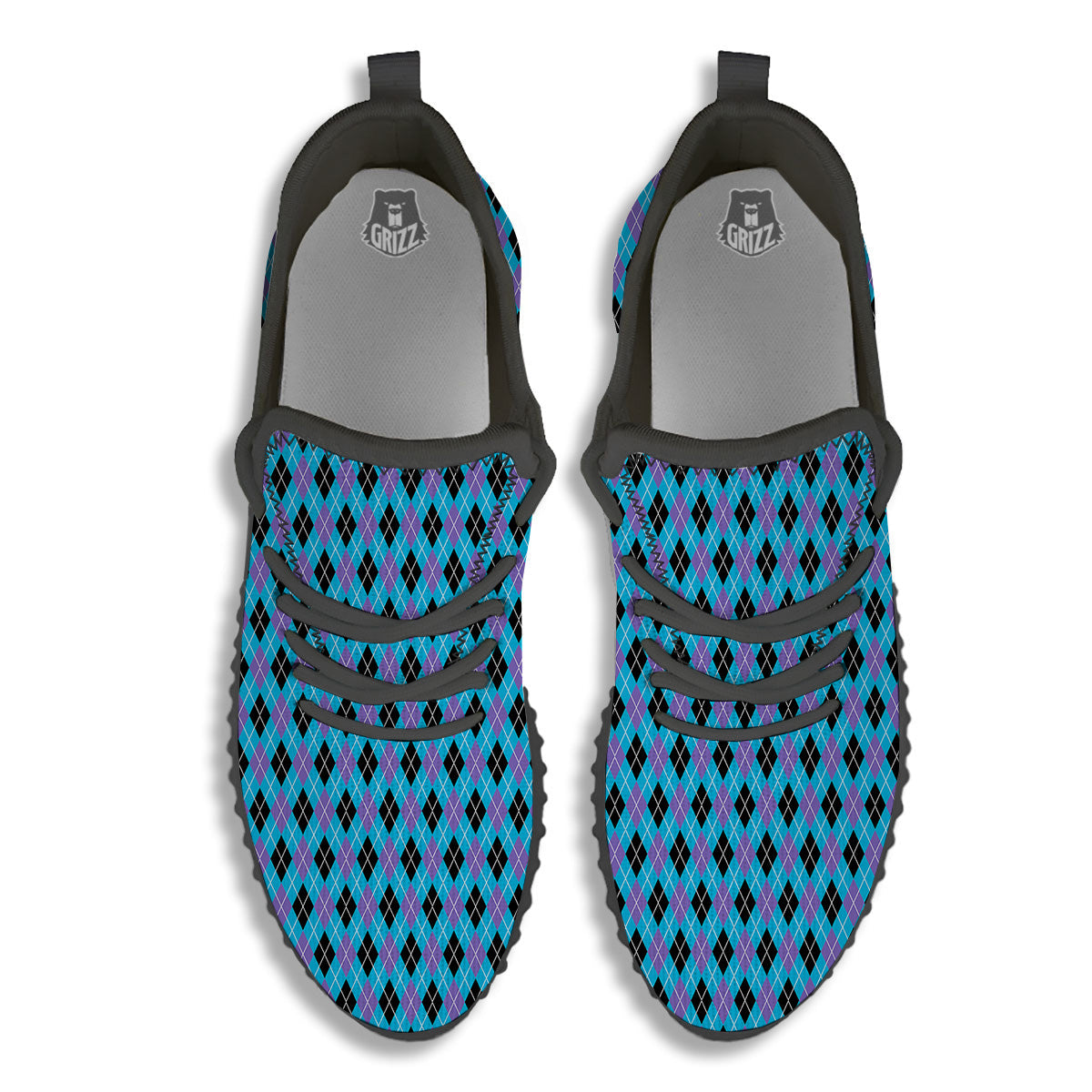 Purple Black And Blue Argyle Print Black Walking Shoes-grizzshop
