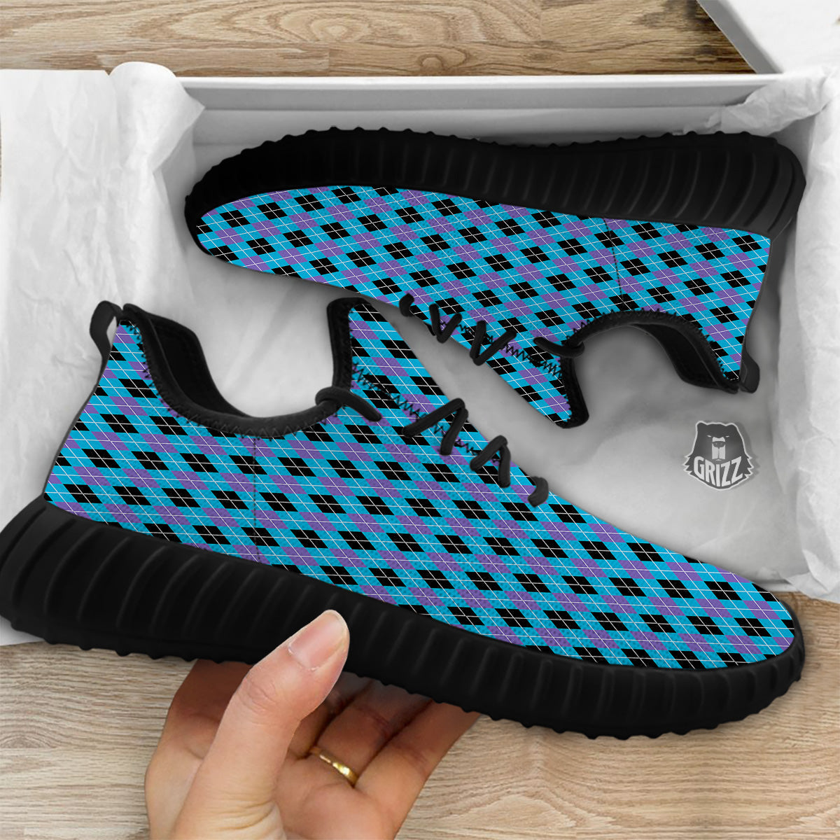 Purple Black And Blue Argyle Print Black Walking Shoes-grizzshop