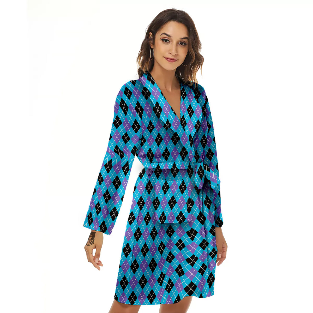Purple Black And Blue Argyle Print Women's Robe-grizzshop