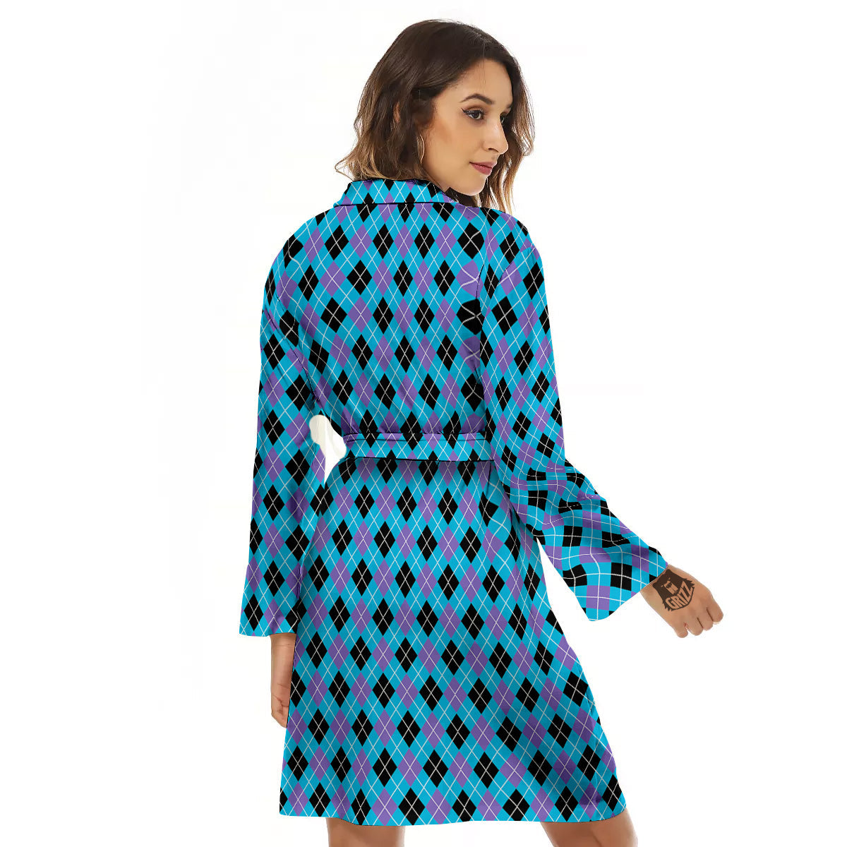Purple Black And Blue Argyle Print Women's Robe-grizzshop