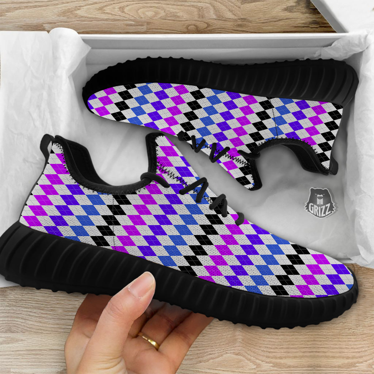 Purple Blue And Black Argyle Print Black Walking Shoes-grizzshop