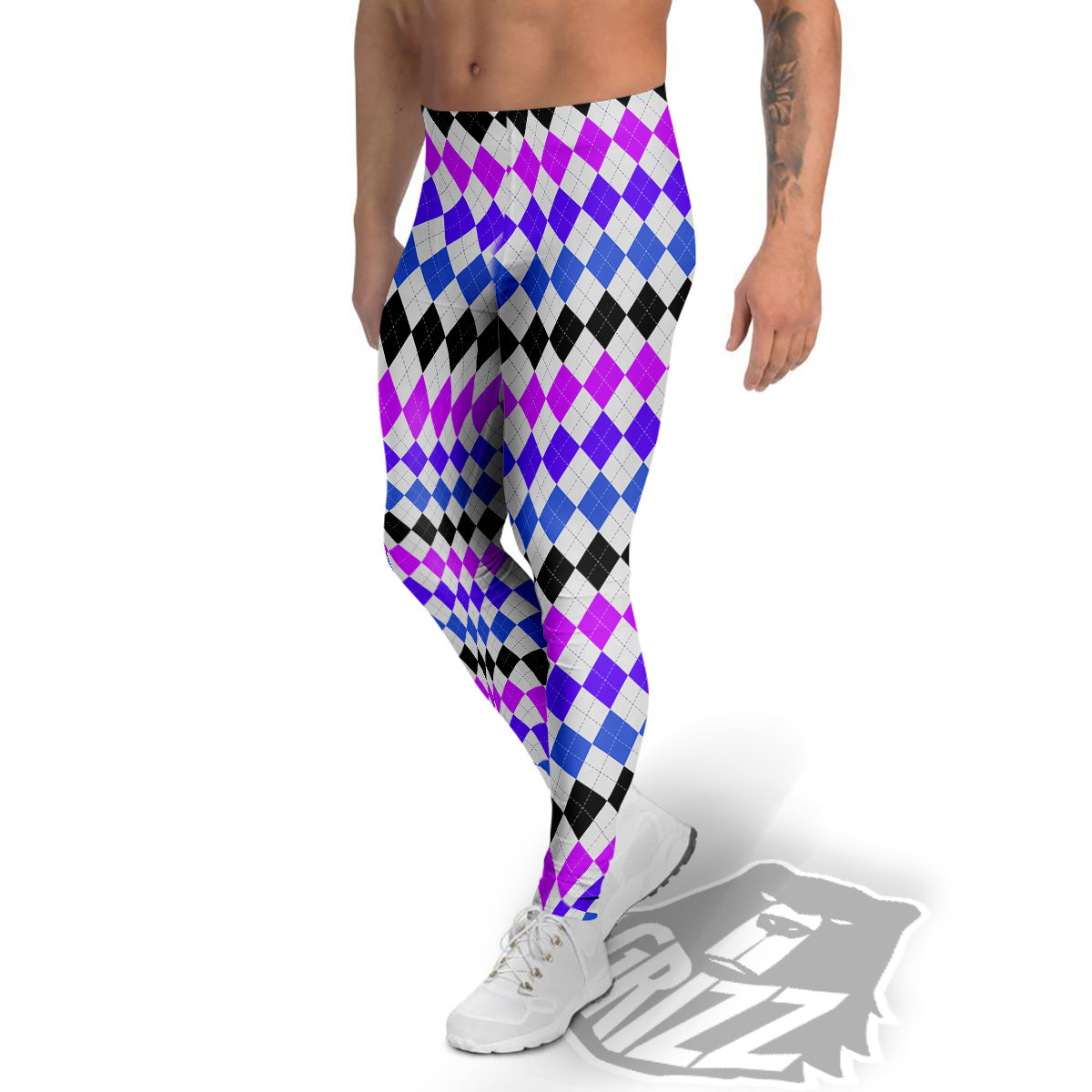 Purple Blue And Black Argyle Print Men's Leggings-grizzshop