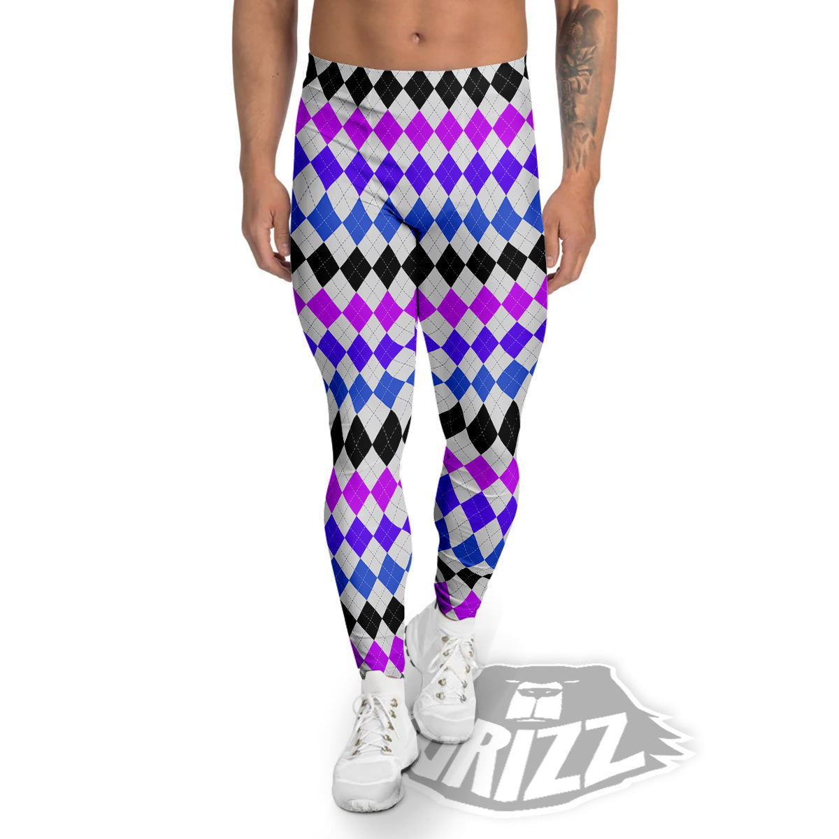 Purple Blue And Black Argyle Print Men's Leggings-grizzshop