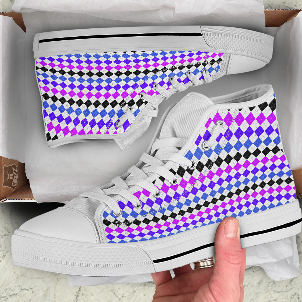 Purple Blue And Black Argyle Print White High Top Shoes-grizzshop