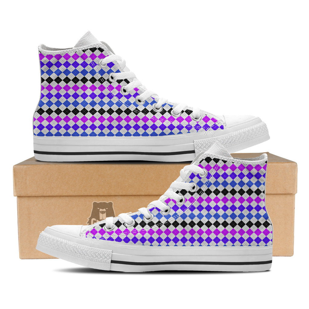 Purple Blue And Black Argyle Print White High Top Shoes-grizzshop