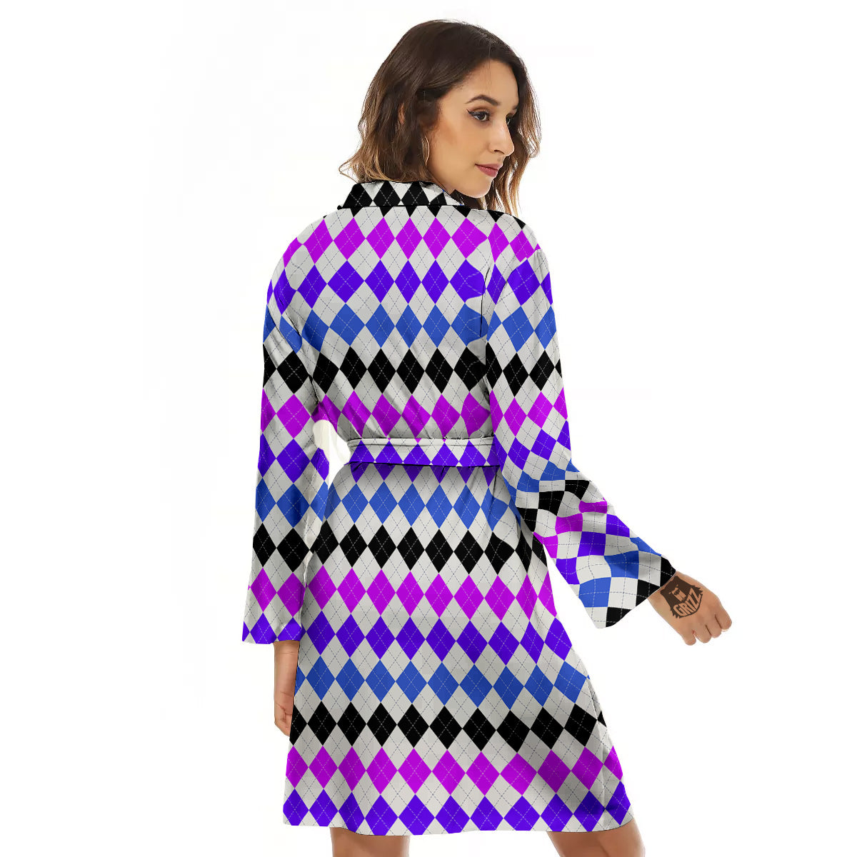 Purple Blue And Black Argyle Print Women's Robe-grizzshop