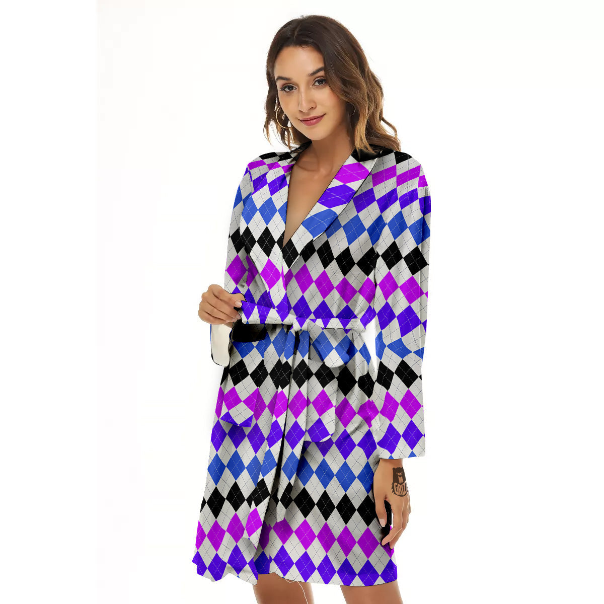 Purple Blue And Black Argyle Print Women's Robe-grizzshop