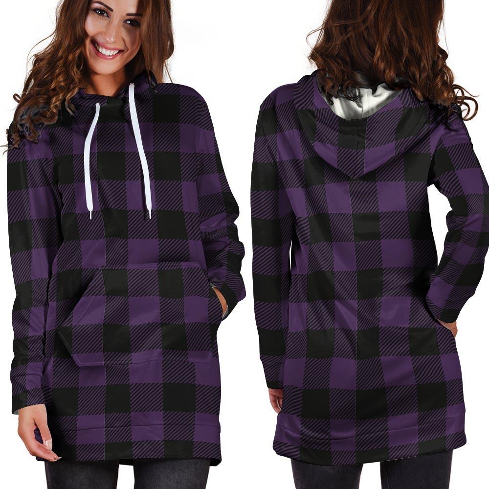 Purple Buffalo Plaid Hoodie Dress-grizzshop