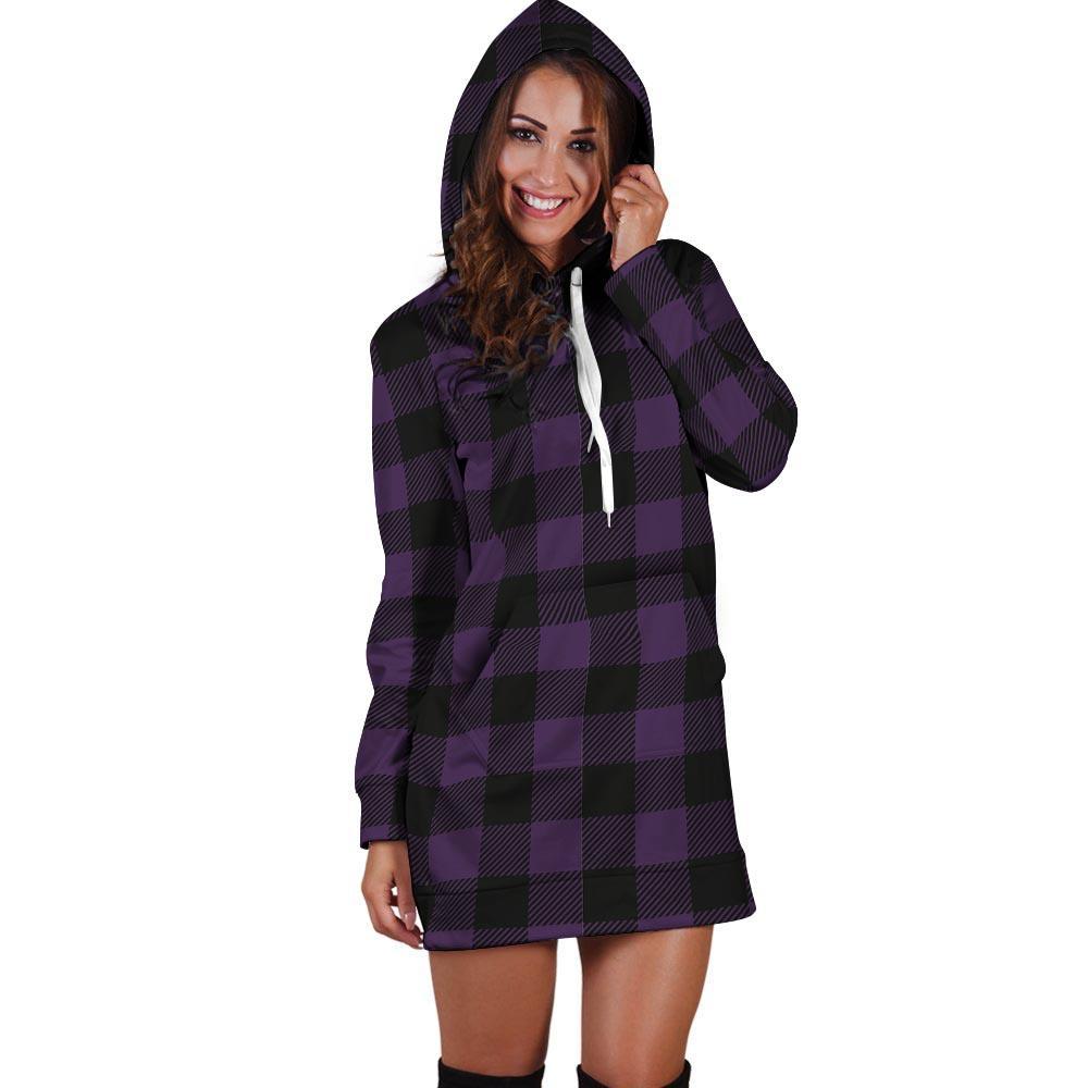 Purple Buffalo Plaid Hoodie Dress-grizzshop