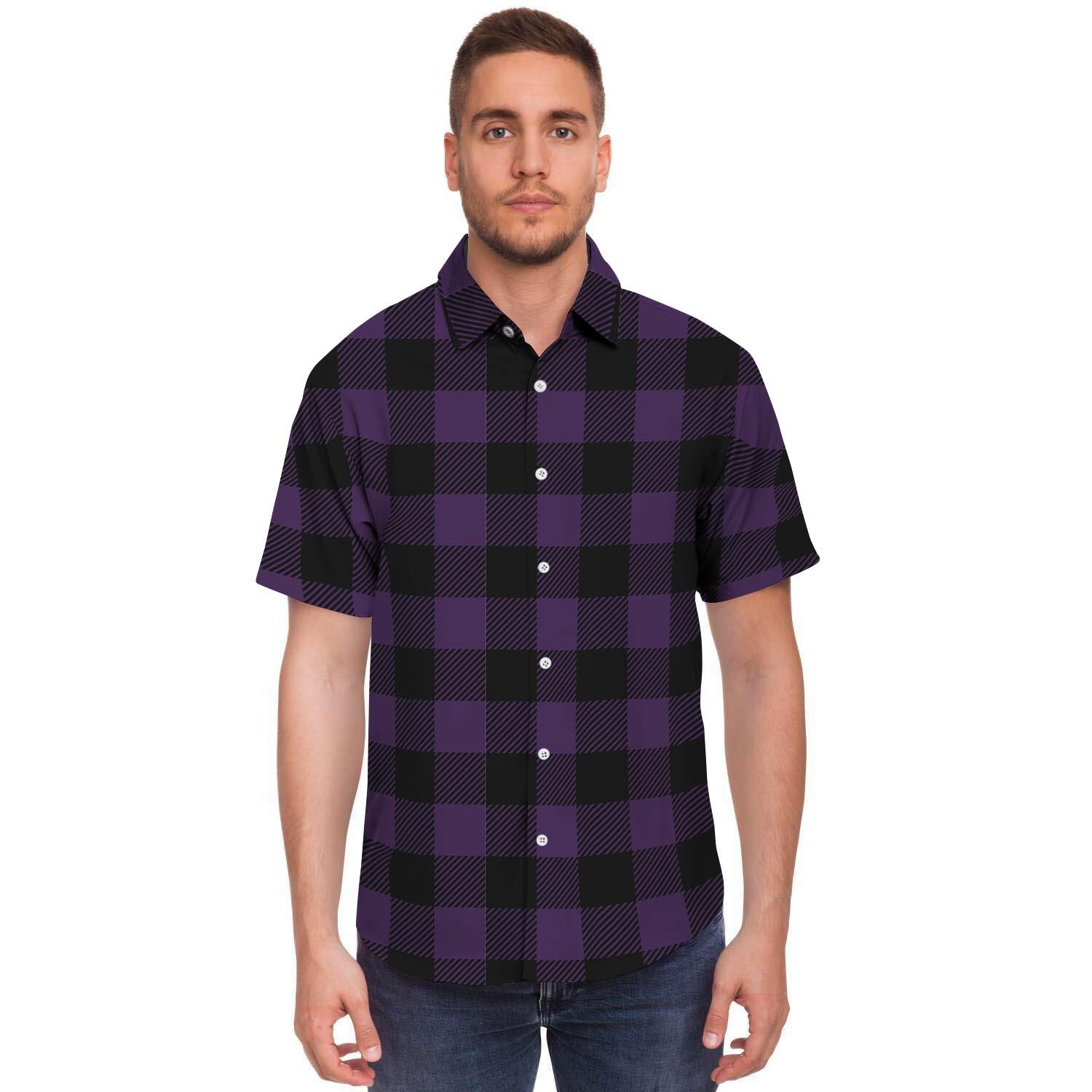 Purple Buffalo Plaid Men's Short Sleeve Shirt-grizzshop