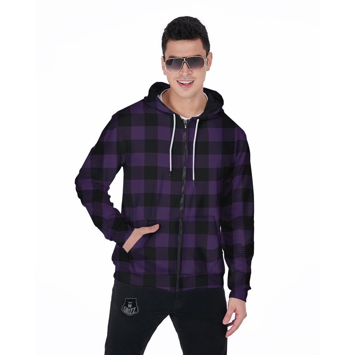 Purple Buffalo Plaid Men's Zip Up Hoodie-grizzshop