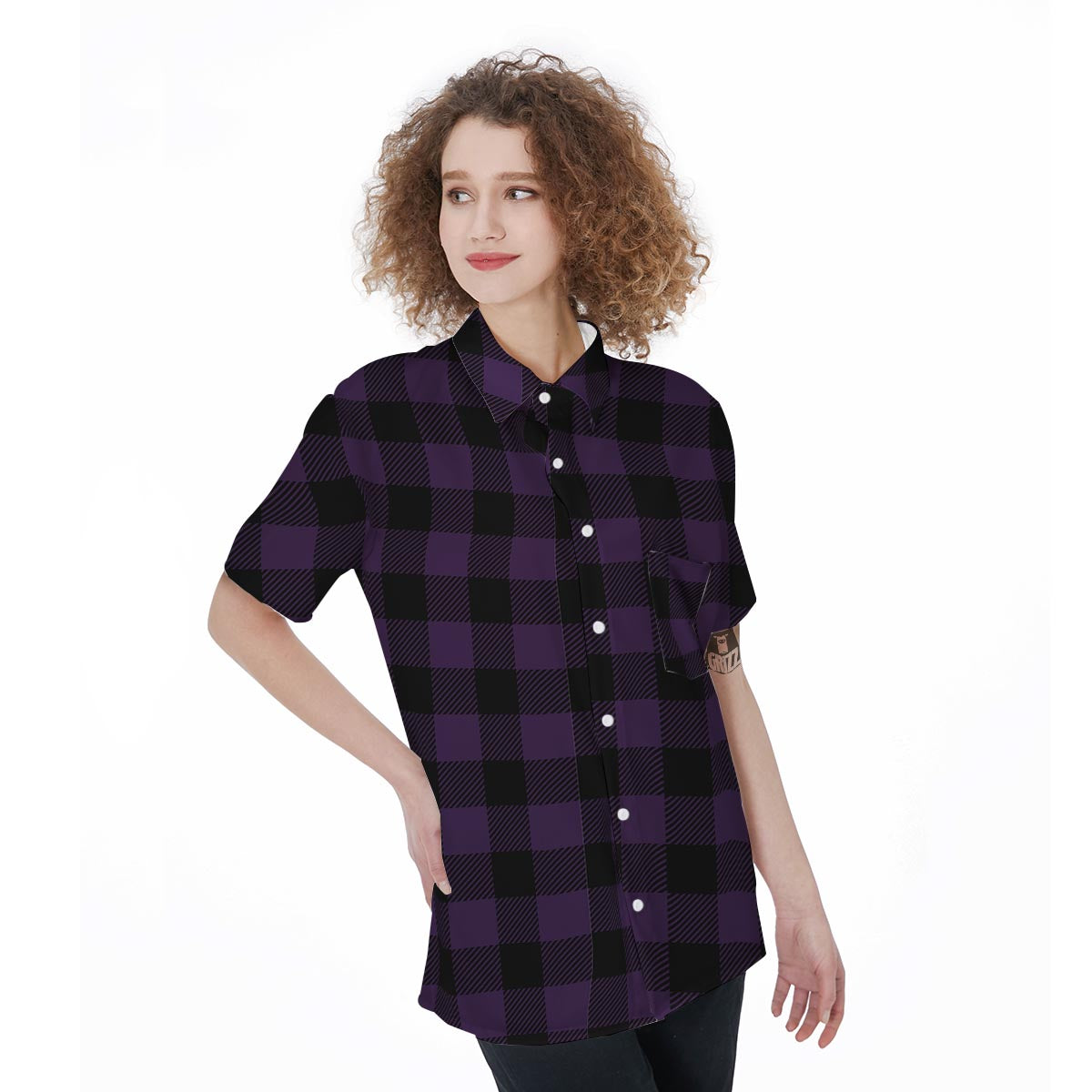 Purple Buffalo Plaid Women's Short Sleeve Shirts-grizzshop