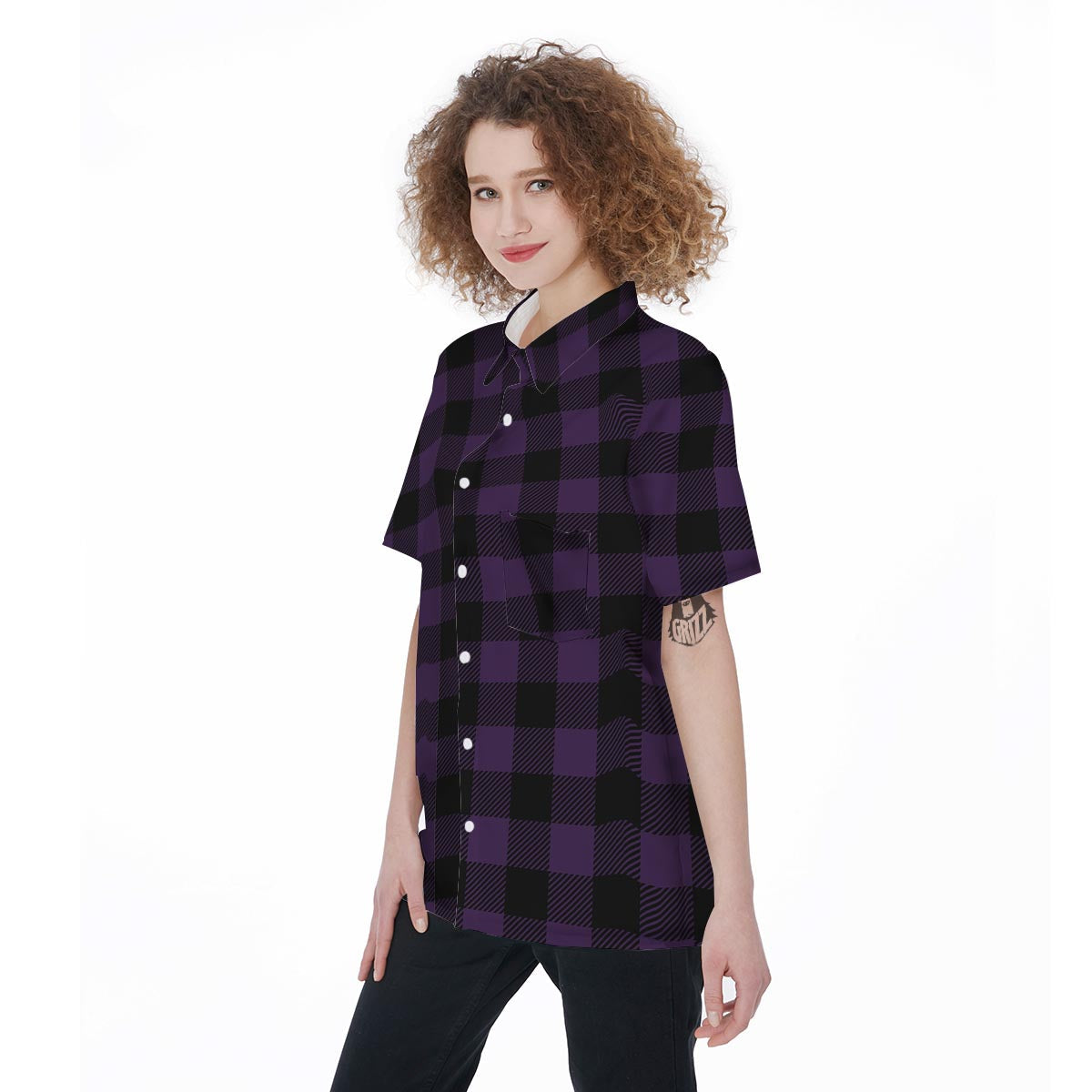 Purple Buffalo Plaid Women's Short Sleeve Shirts-grizzshop