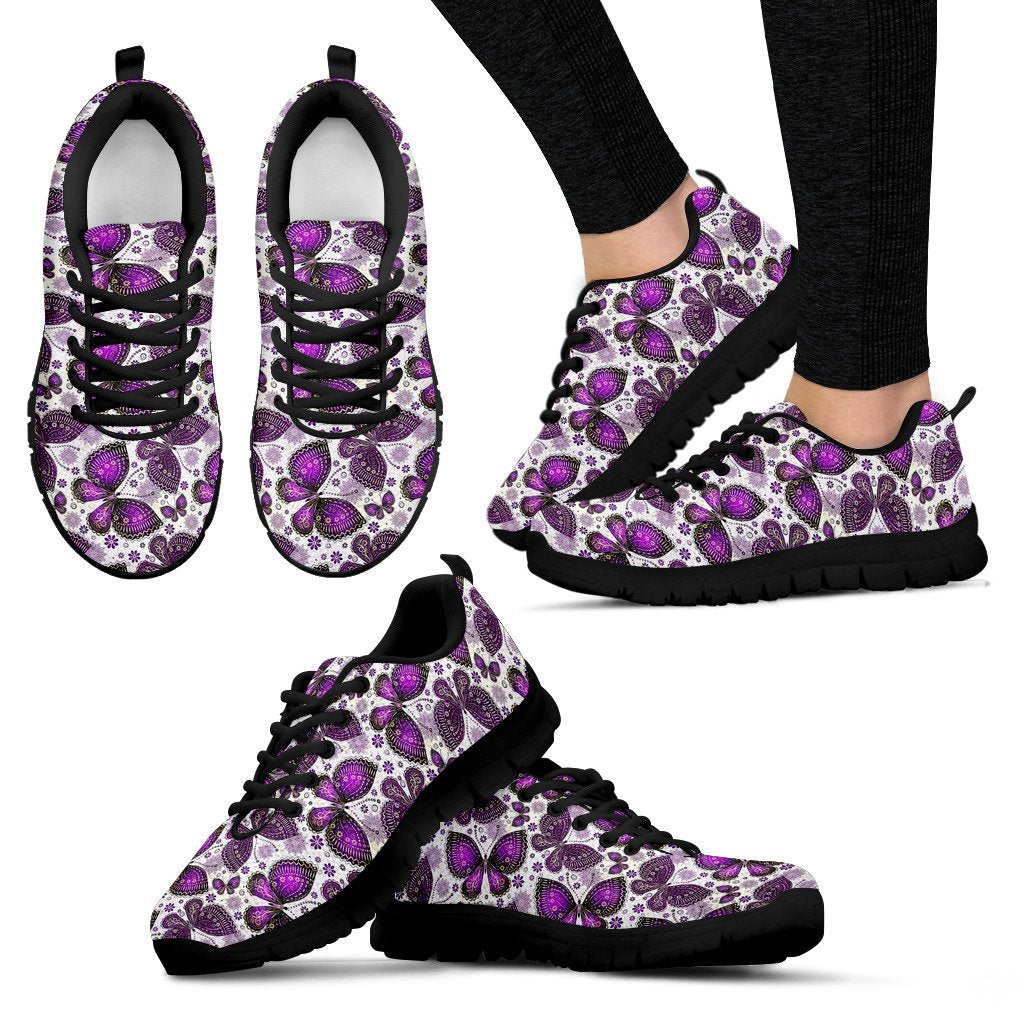 Purple Butterfly Pattern Print Black Sneaker Shoes For Men Women-grizzshop