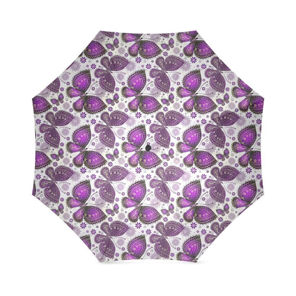 Purple Butterfly Pattern Print Foldable Umbrella-grizzshop