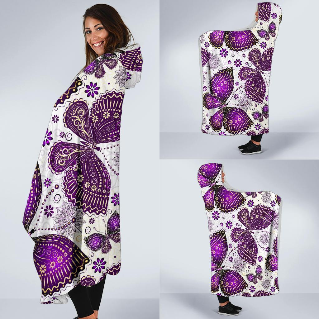 Purple Butterfly Pattern Print Hooded Blanket-grizzshop