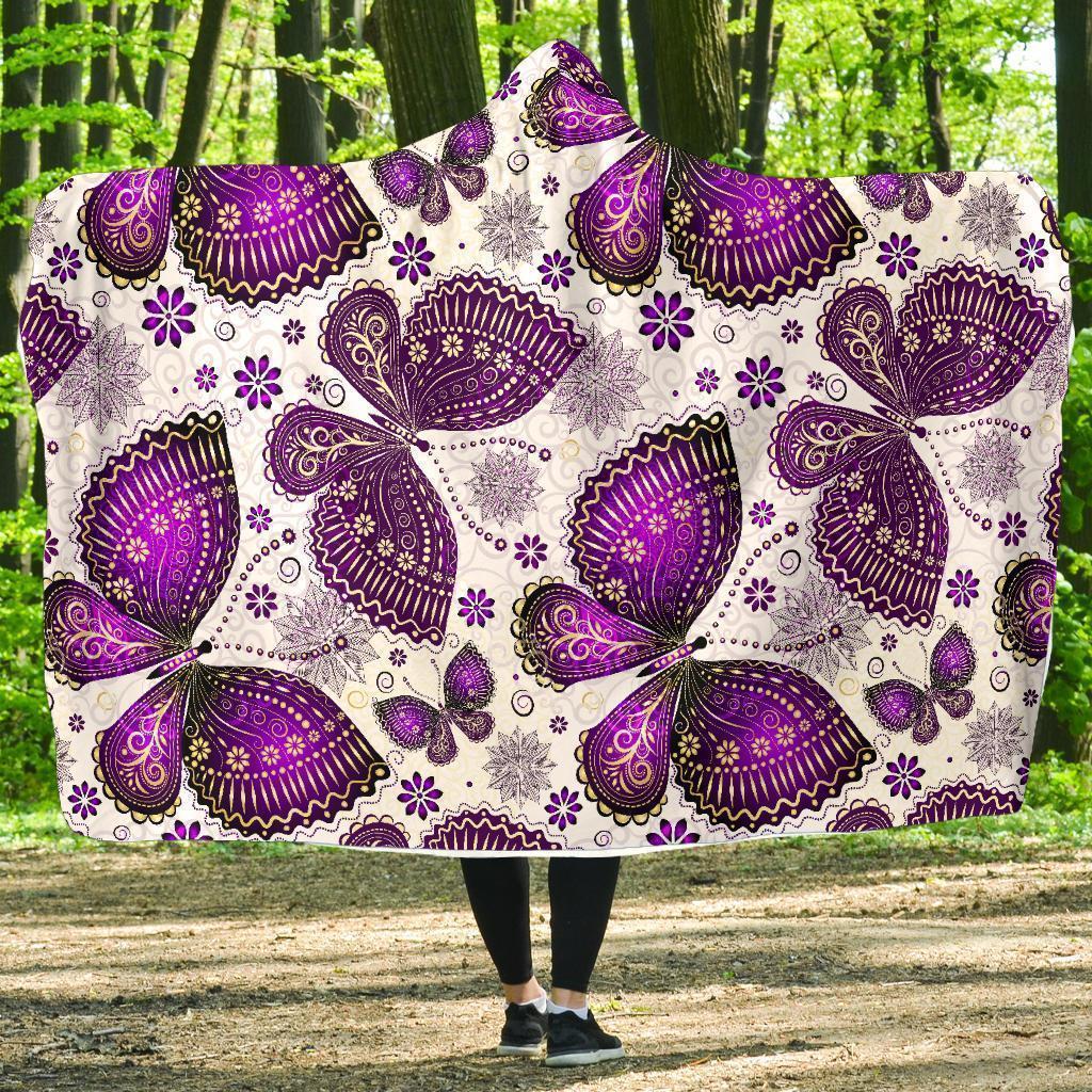 Purple Butterfly Pattern Print Hooded Blanket-grizzshop