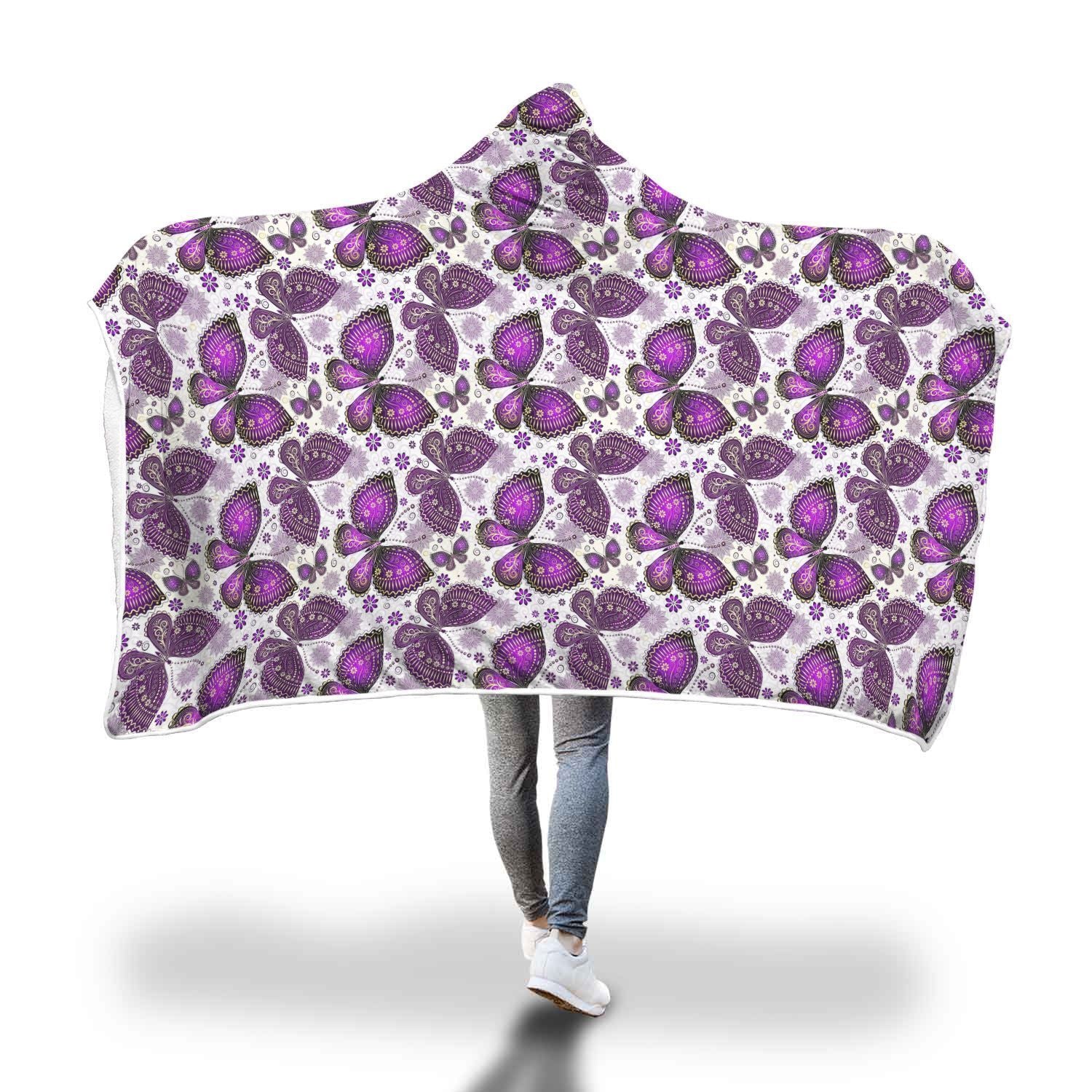 Purple Butterfly Pattern Print Hooded Blanket-grizzshop