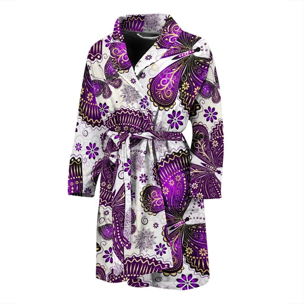 Purple Butterfly Pattern Print Men Long Robe-grizzshop