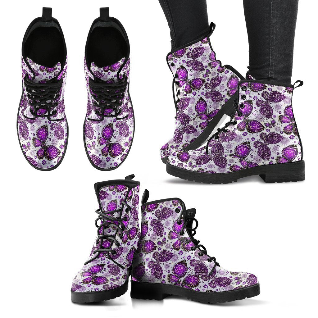 Purple Butterfly Pattern Print Men Women Leather Boots-grizzshop