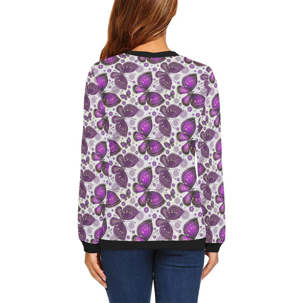 Purple Butterfly Pattern Print Women Crewneck Sweatshirt-grizzshop