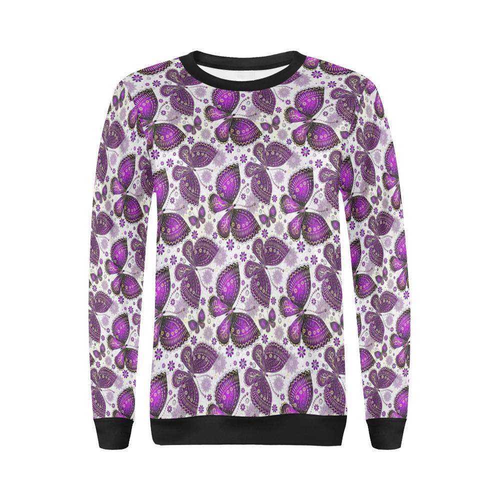 Purple Butterfly Pattern Print Women Crewneck Sweatshirt-grizzshop