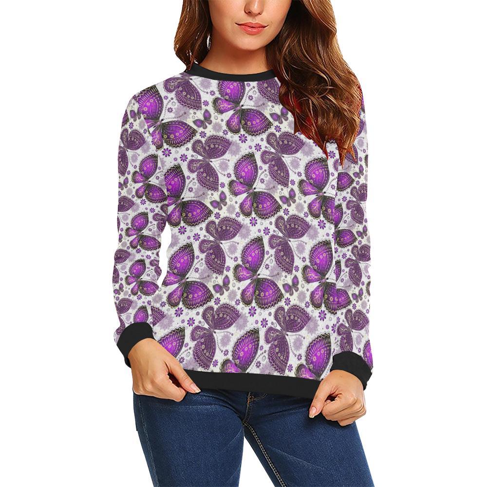 Purple Butterfly Pattern Print Women Crewneck Sweatshirt-grizzshop