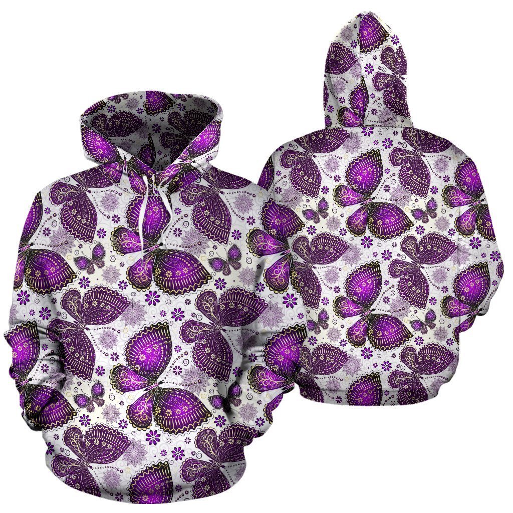 Purple Butterfly Pattern Print Women Men Pullover Hoodie-grizzshop