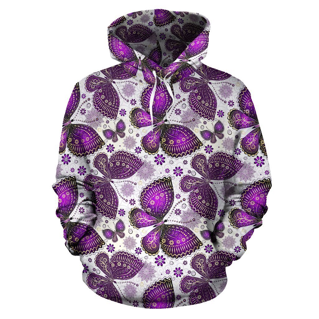 Purple Butterfly Pattern Print Women Men Pullover Hoodie-grizzshop