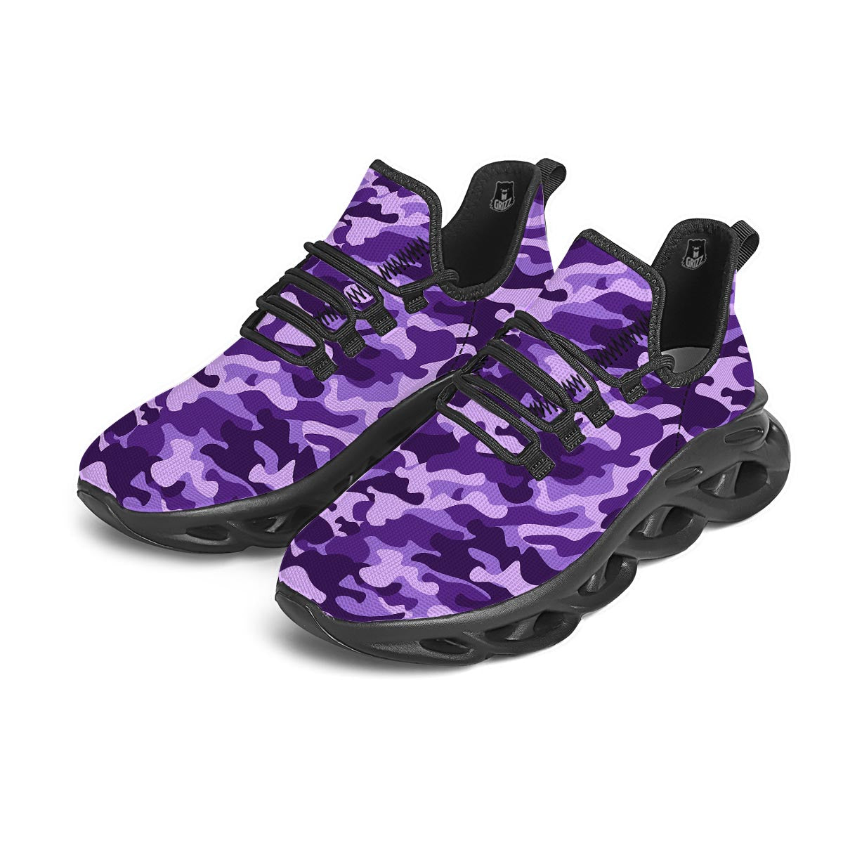 Purple Camo And Camouflage Print Black Running Shoes-grizzshop