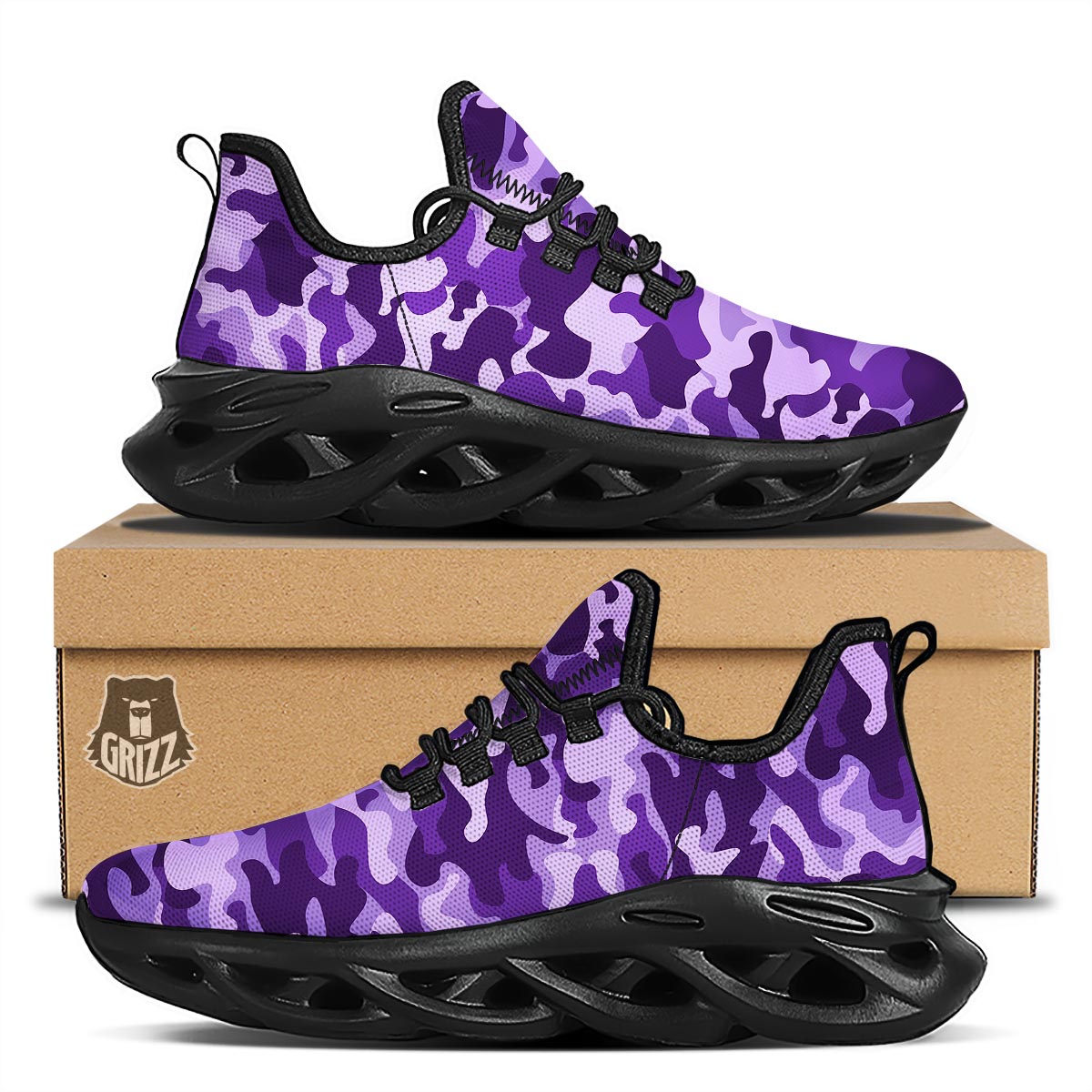 Purple Camo And Camouflage Print Black Running Shoes-grizzshop