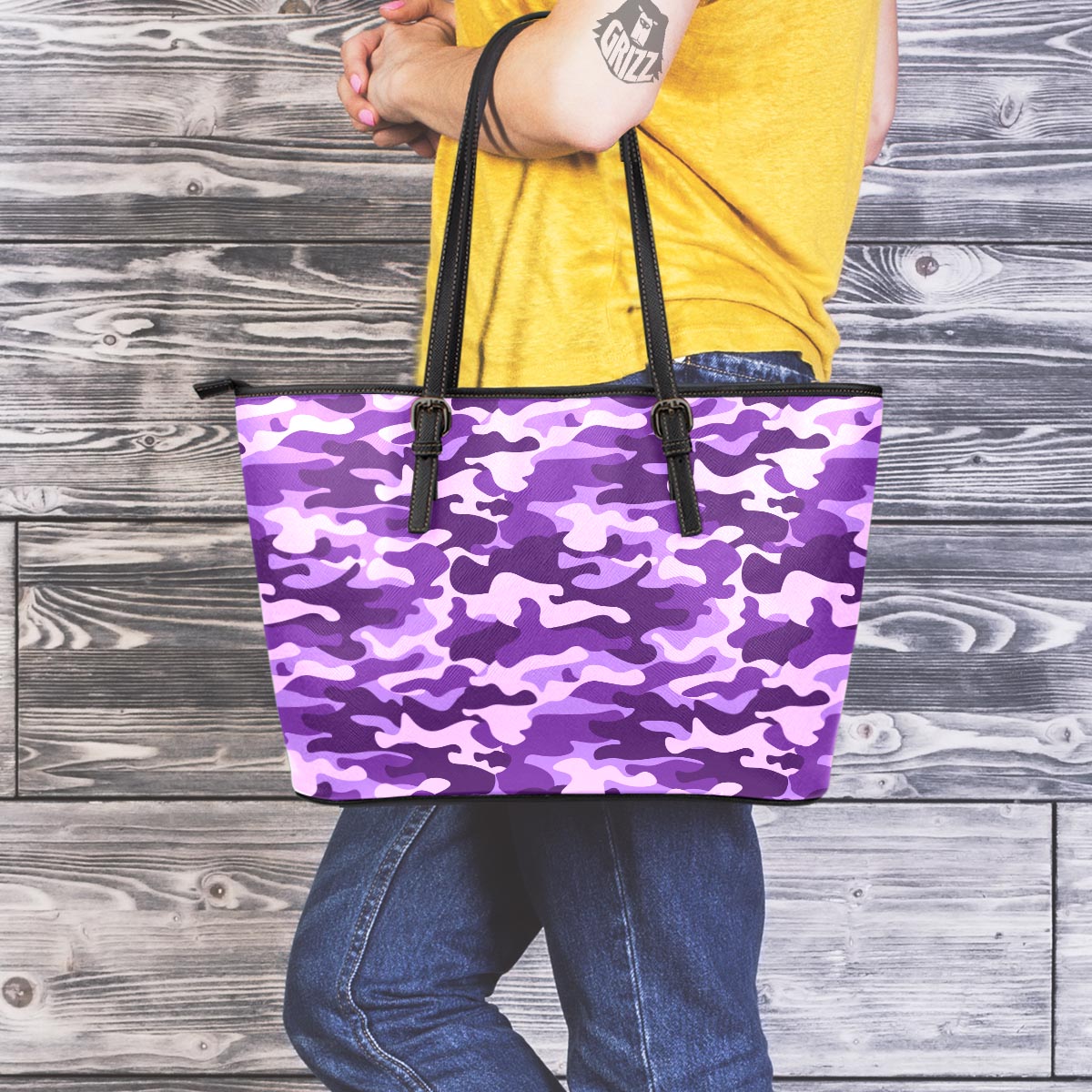 Purple Camo And Camouflage Print Leather Tote Bag-grizzshop