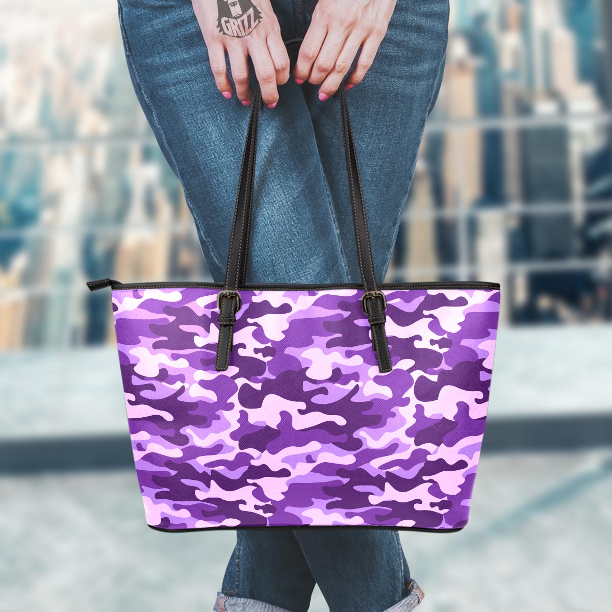 Purple Camo And Camouflage Print Leather Tote Bag-grizzshop