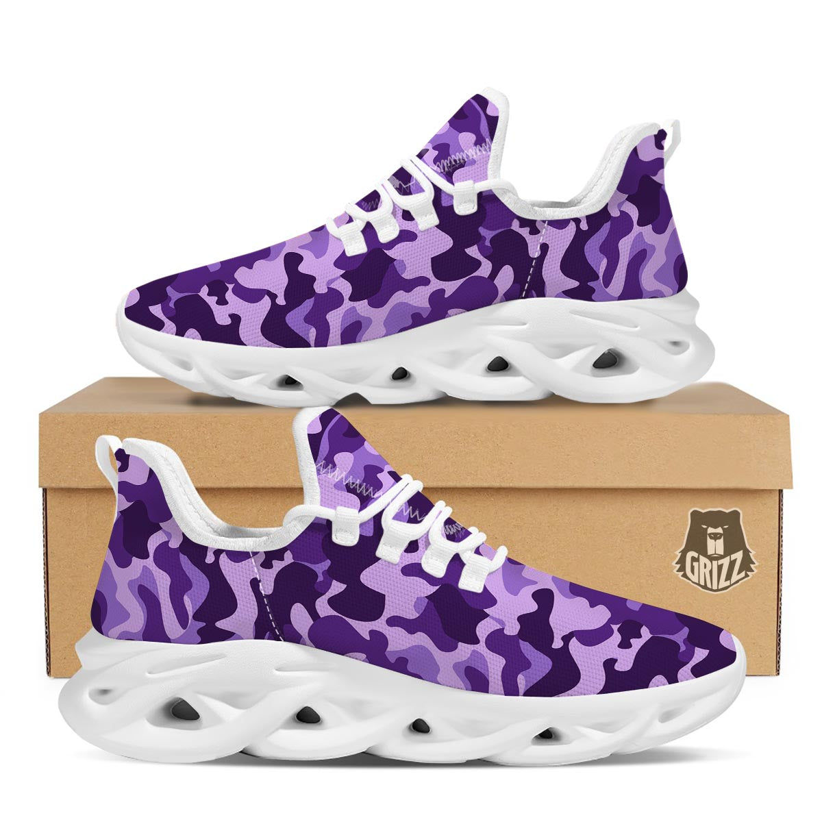 Purple Camo And Camouflage Print White Running Shoes-grizzshop
