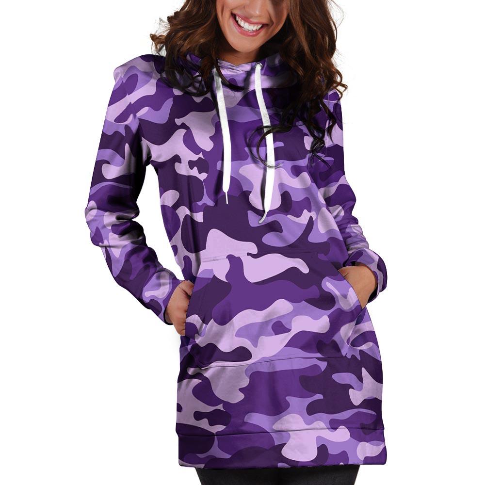 Purple Camo Print Hoodie Dress-grizzshop