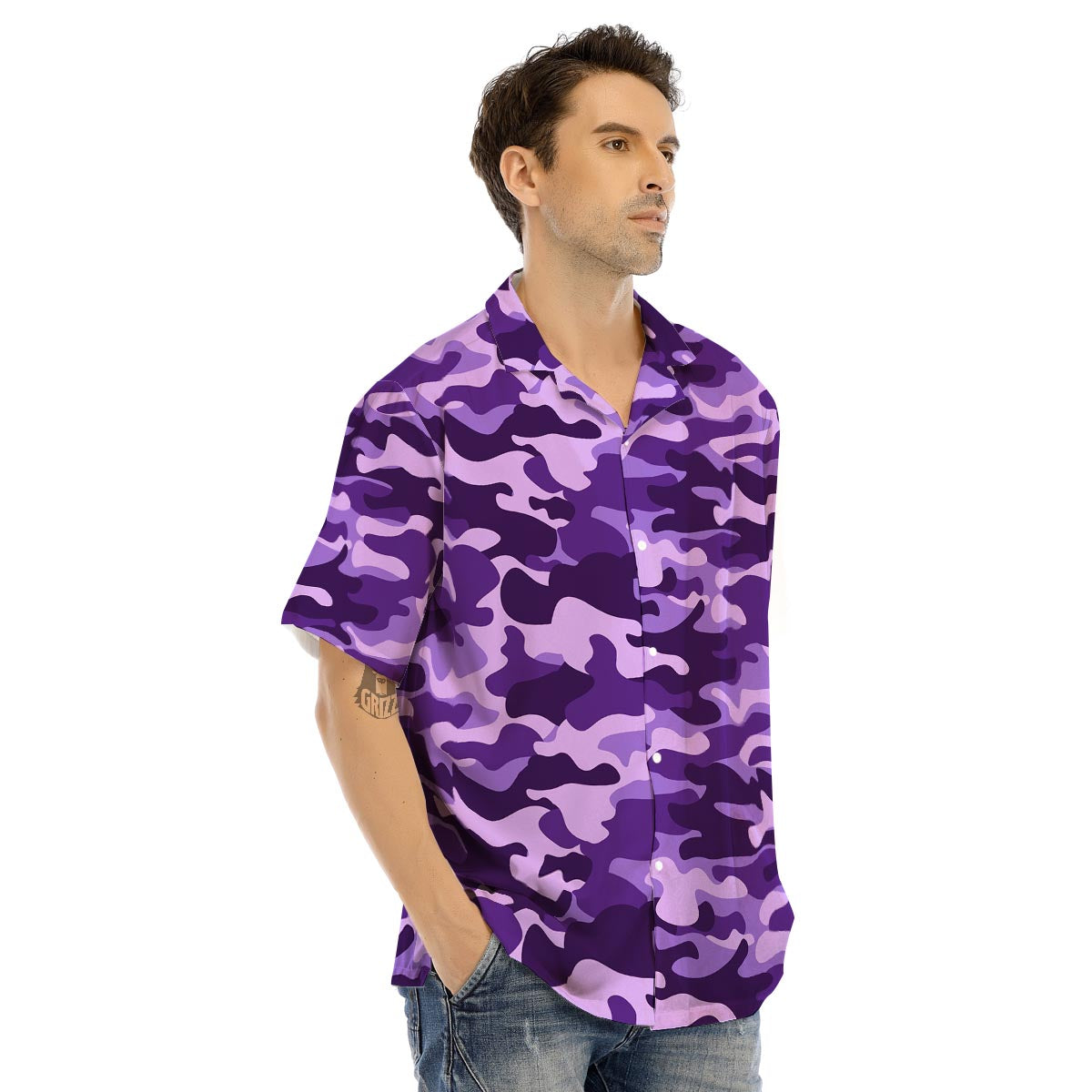 Purple Camo Print Men’s Hawaiian Shirt-grizzshop