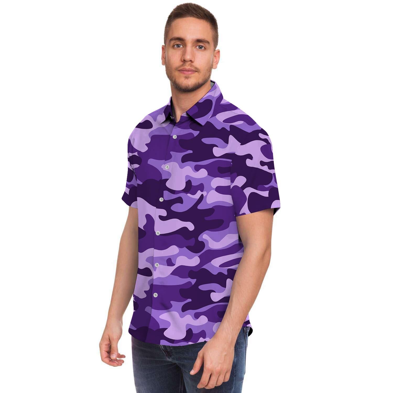 Purple Camo Print Men's Short Sleeve Shirt-grizzshop