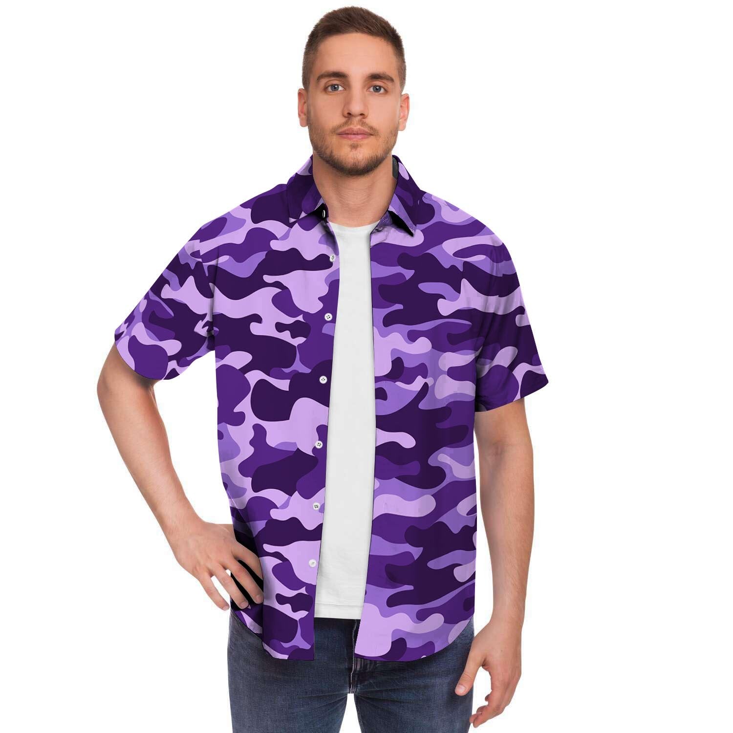Purple Camo Print Men's Short Sleeve Shirt-grizzshop