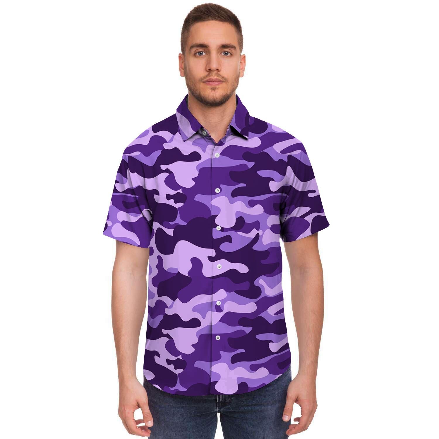 Purple Camo Print Men's Short Sleeve Shirt-grizzshop