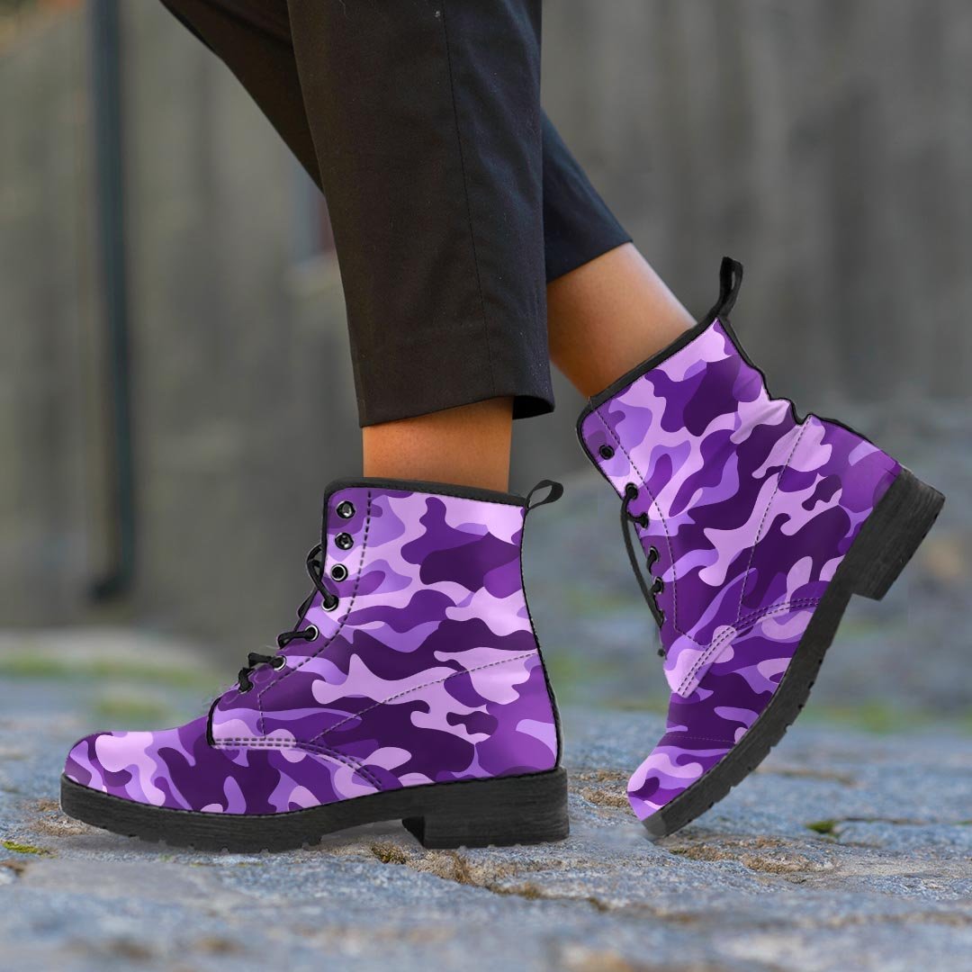 Purple Camo Print Women's Boots-grizzshop