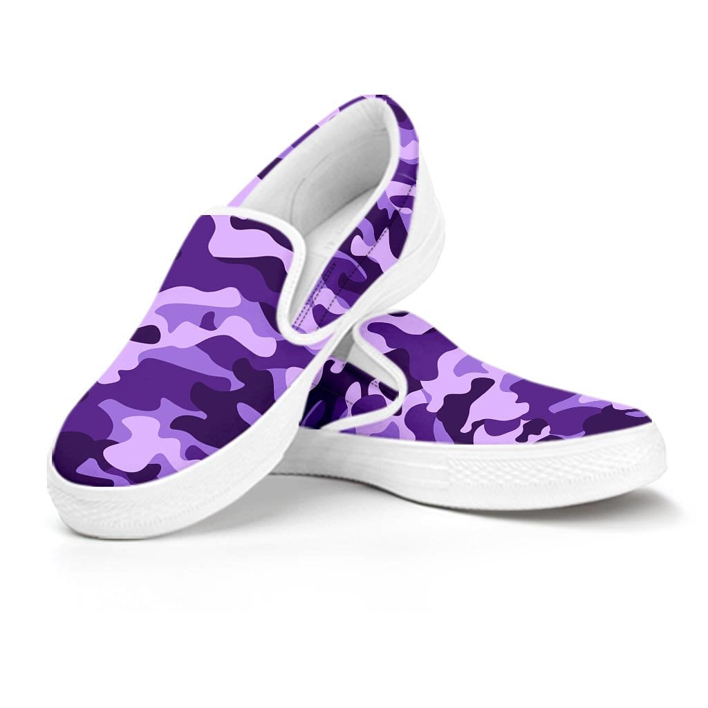 Purple Camo Print Women's Slip On Sneakers-grizzshop