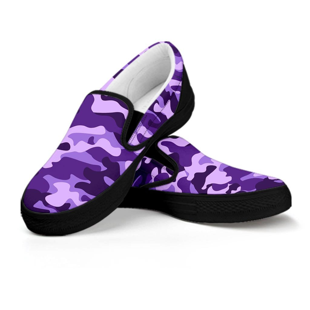 Purple Camo Print Women's Slip On Sneakers-grizzshop