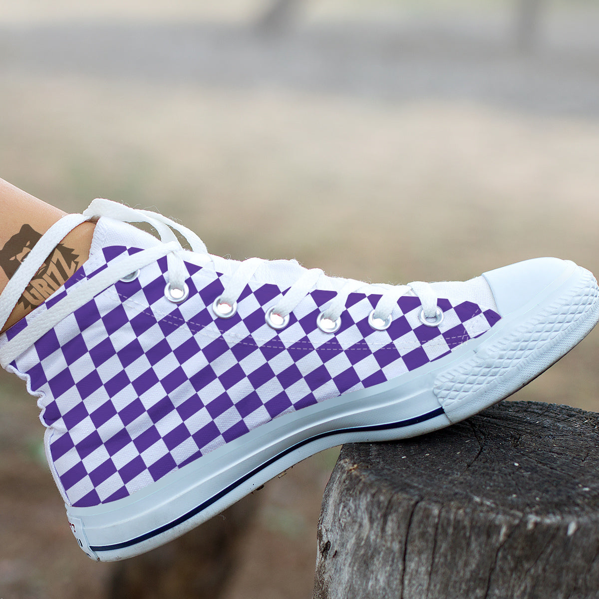 Purple Checkered Flag Print White High Top Shoes-grizzshop