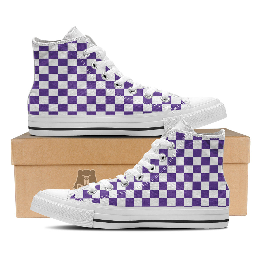 Purple Checkered Flag Print White High Top Shoes-grizzshop