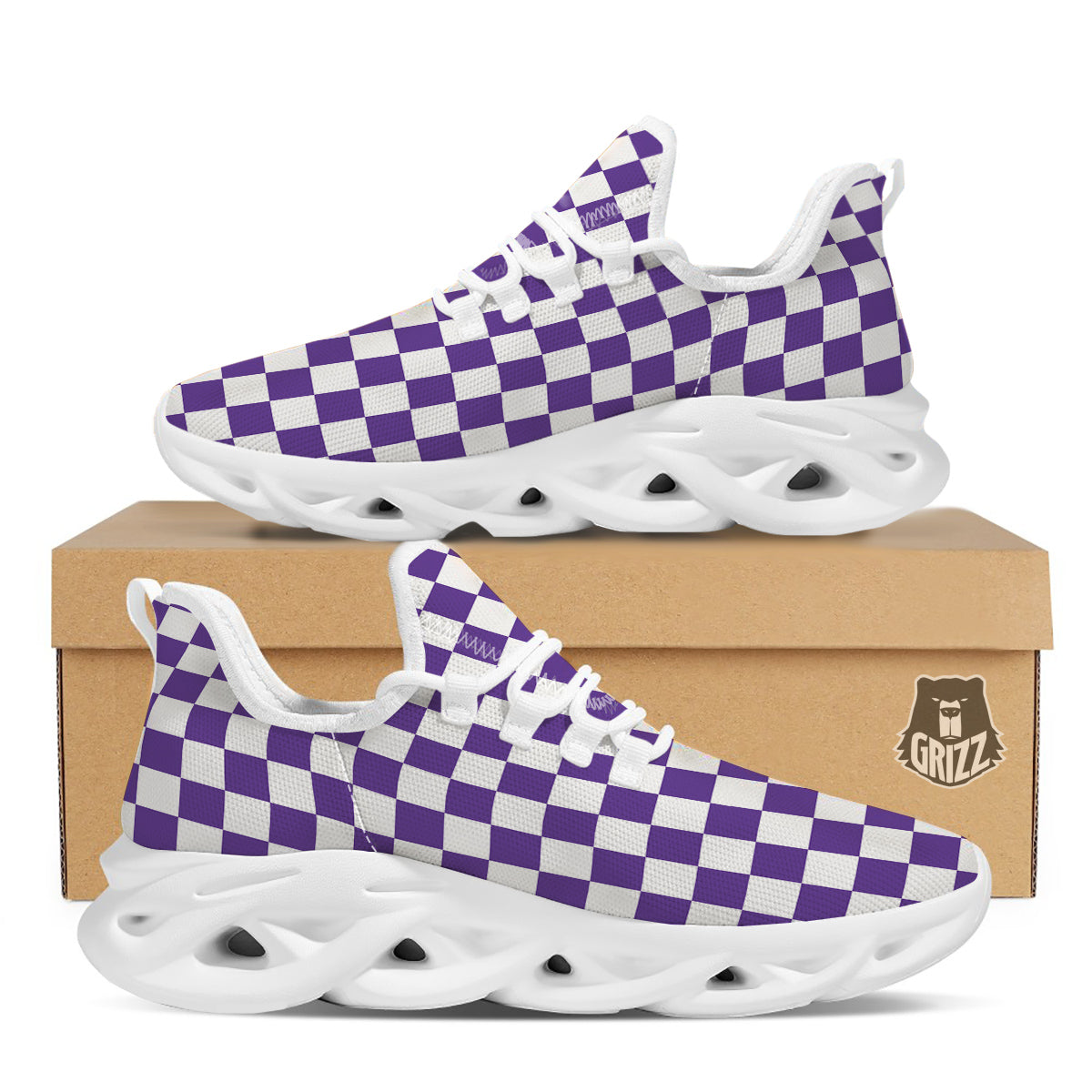 Purple Checkered Flag Print White Running Shoes-grizzshop